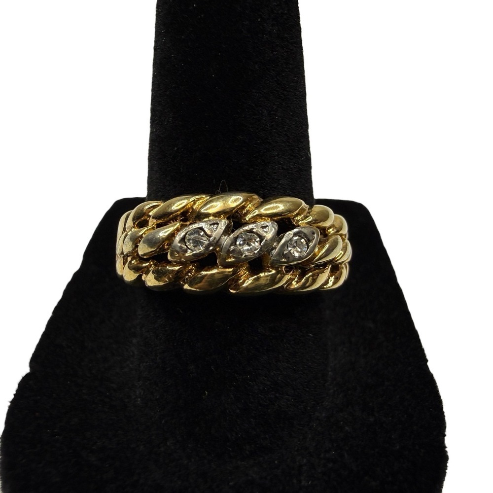 Elegant Two-Tone Braided Gold Band Ring with 3 Round Rhinestone Accents Sz 8